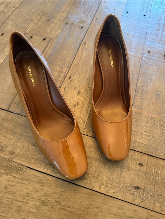 Tory Burch Shoes - Tory Burch Patent Leather Square-Toe Pumps in Cognac